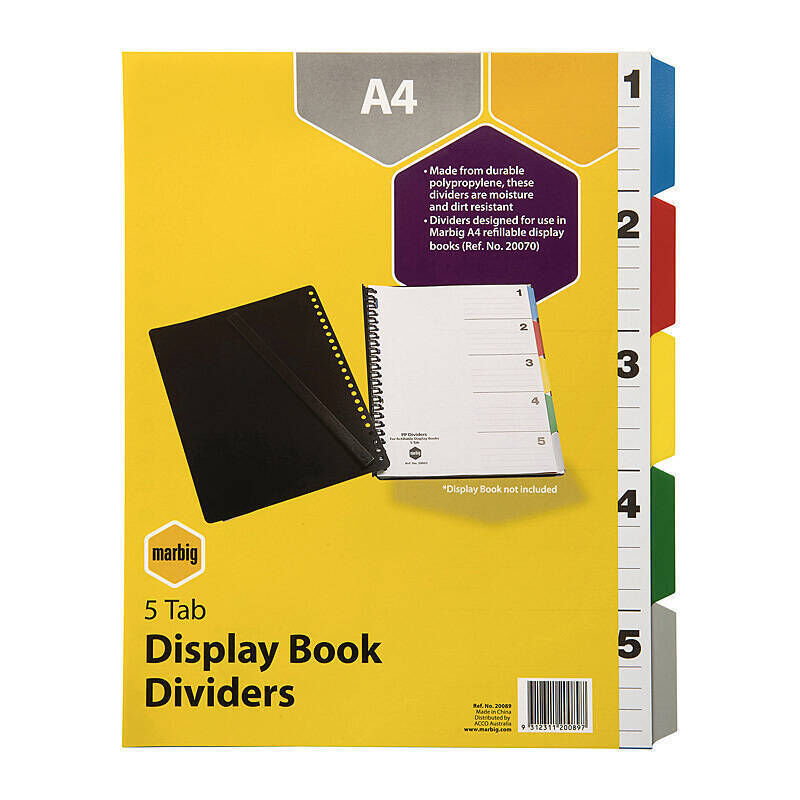 Marbig A4 5 Tab Multi-Colour Plastic Dividers Marbig