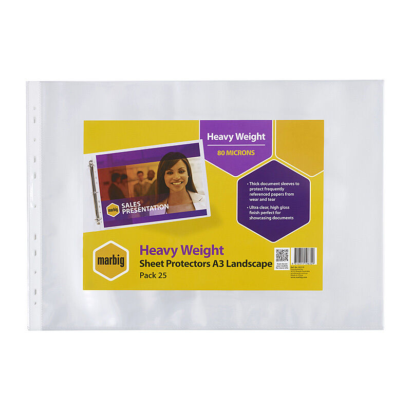 Marbig Heavy Duty A3 Landscape Sheet Protectors - 25 Pack Marbig