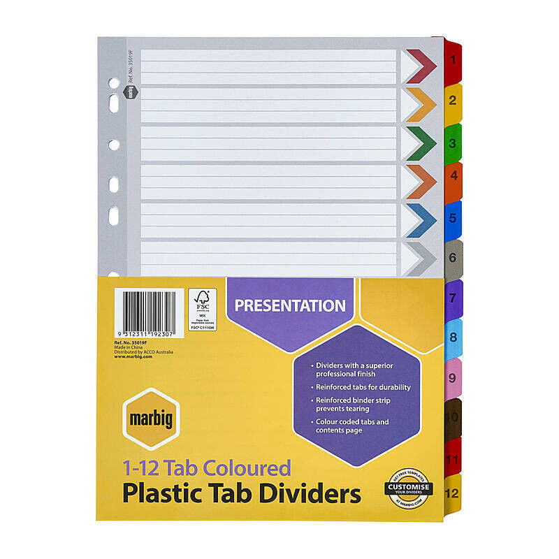Marbig A4 Colour Dividers 1-12 Tabs - Reinforced Marbig