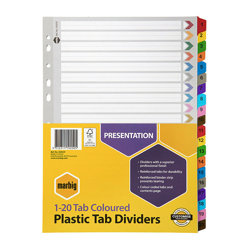 Marbig A4 Colour 1-20 Reinforced Dividers Marbig