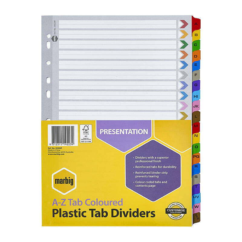 Marbig A-Z Reinforced Colour Tab Dividers A4 Marbig