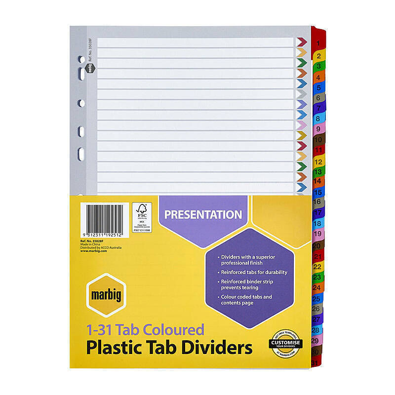 Marbig 1-31 A4 Colour Reinforced Dividers Marbig