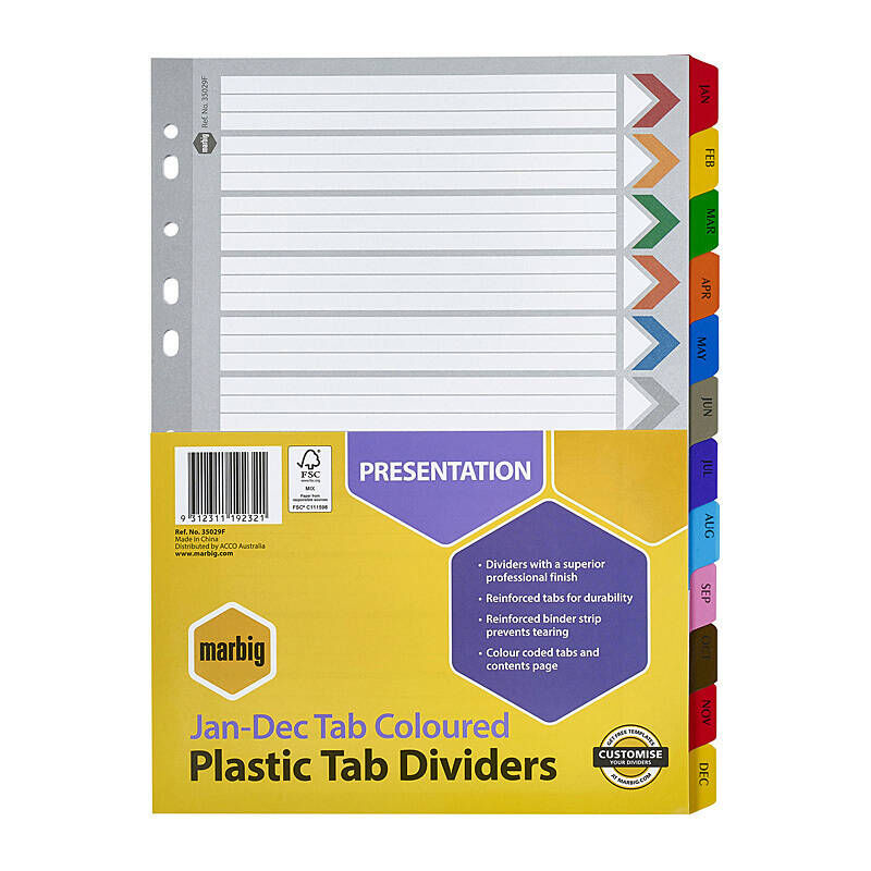 Marbig A4 Jan-Dec Coloured Reinforced Tab Dividers Marbig