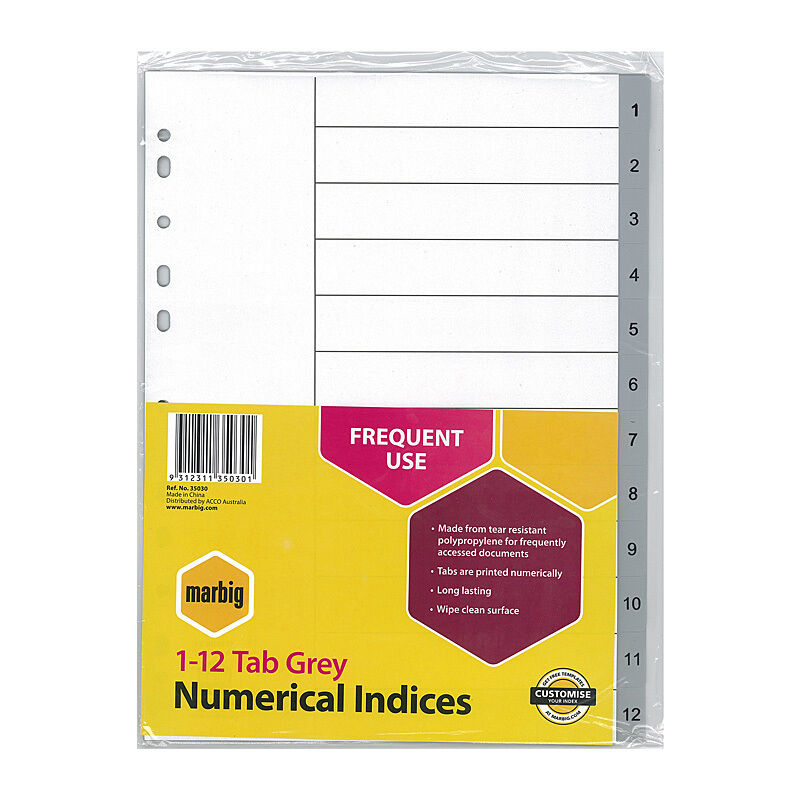 Marbig A4 Plastic Dividers 1-12 Tab - Grey Marbig