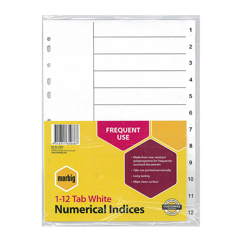Marbig A4 Plastic Dividers 1-12 Tabs | White Index Set Marbig