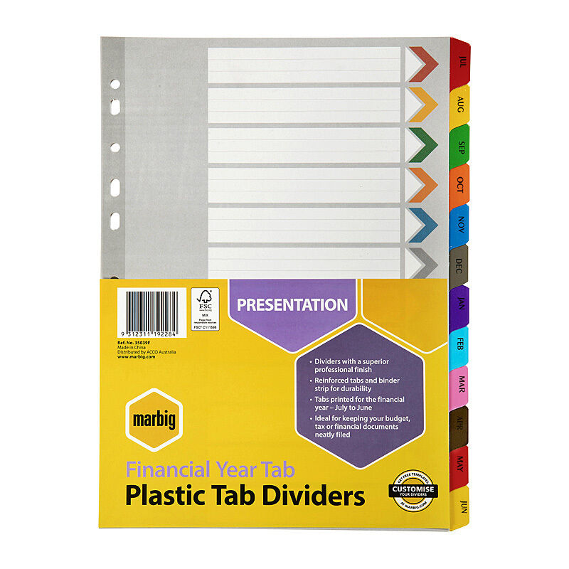 Marbig A4 Reinforced Financial Year Dividers & Tabs Marbig
