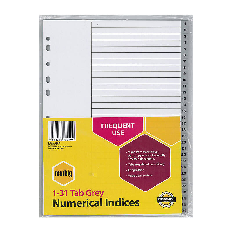 Marbig A4 1-31 Tab Grey Plastic Dividers Marbig