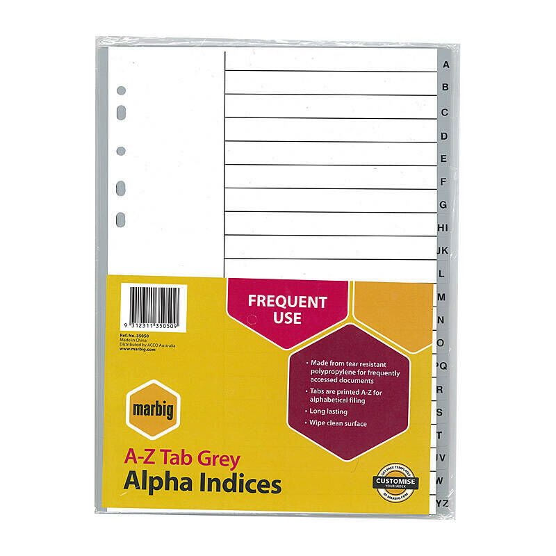 Marbig A-Z A4 Grey Plastic File Dividers Marbig