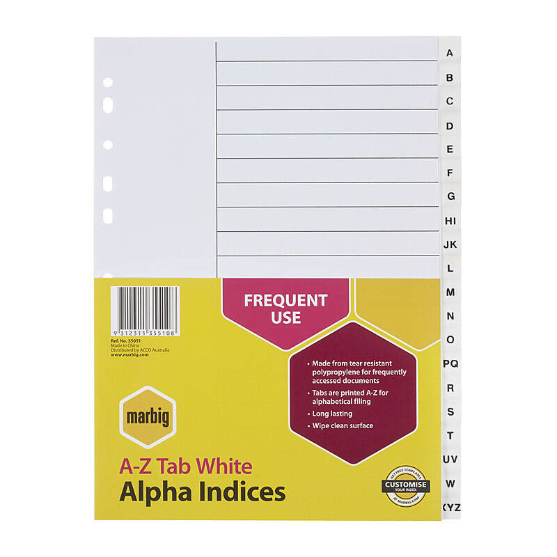Marbig A4 A-Z Dividers - White Plastic Tabs for Easy Filing Marbig