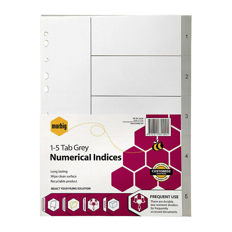 Marbig A4 1-5 Tab Plastic Dividers for Binders - Grey Marbig