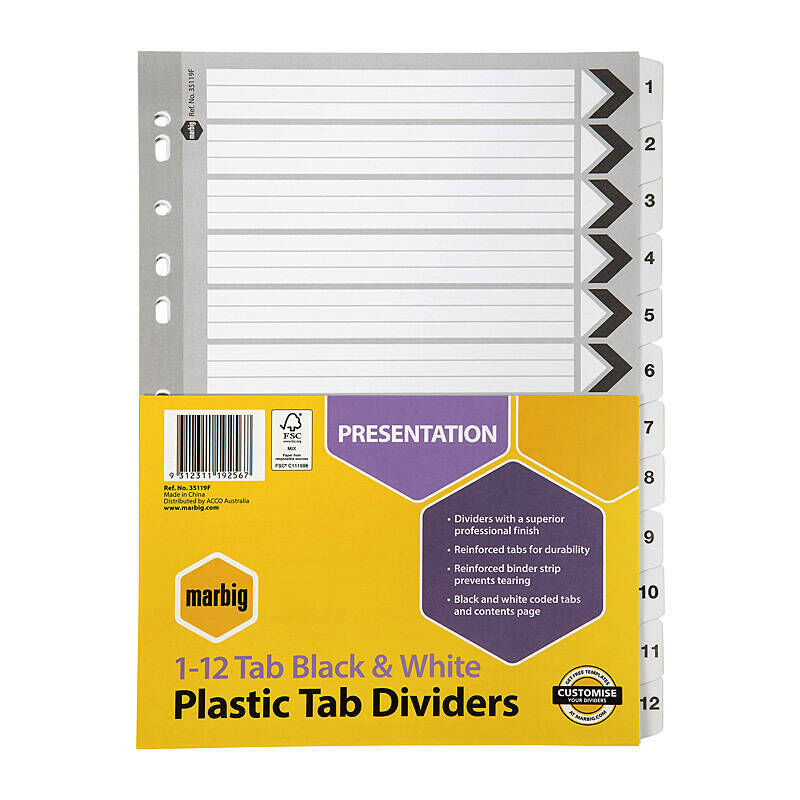 Marbig A4 Black Reinforced 1-12 Tab Dividers Marbig
