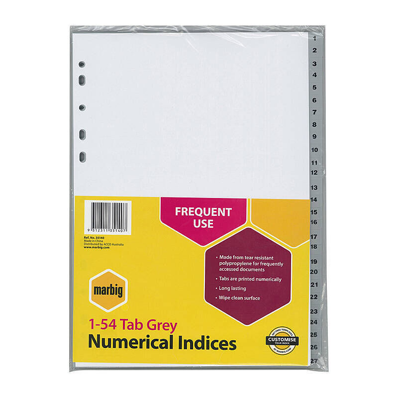 Marbig A4 Grey 1-54 Tab Plastic Dividers & Indices Marbig