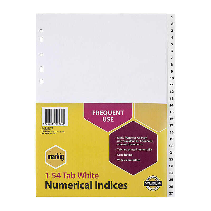 Marbig A4 1-54 Numbered PP Dividers - White Marbig