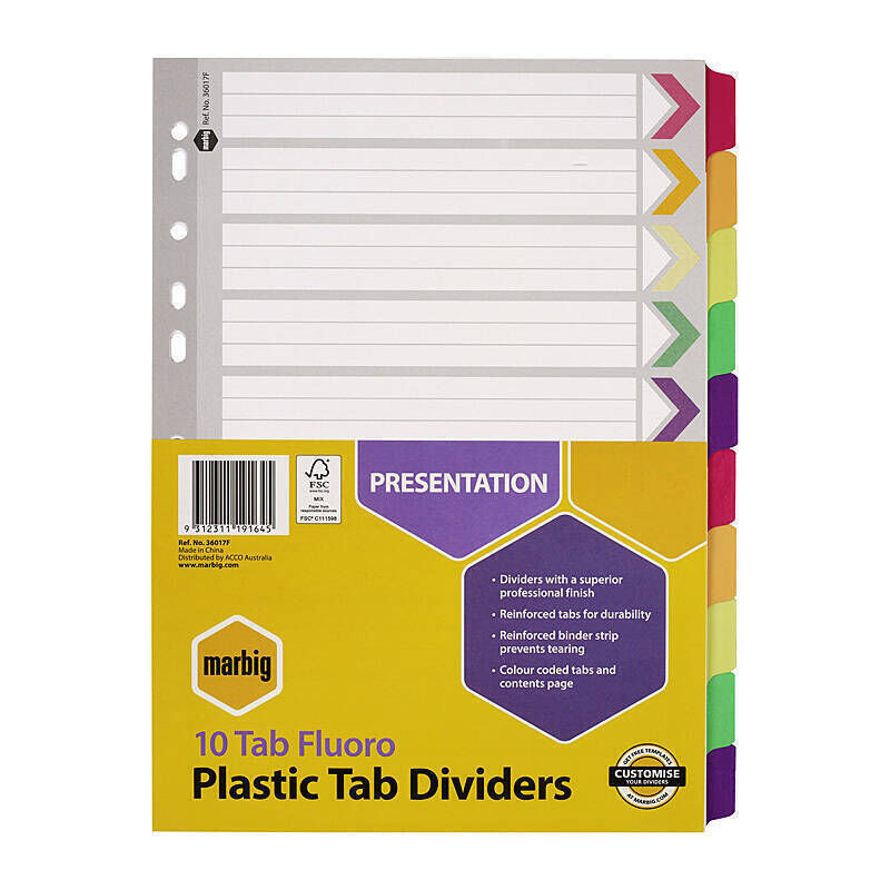 Marbig A4 Fluorescent 10-Tab Reinforced Dividers Marbig