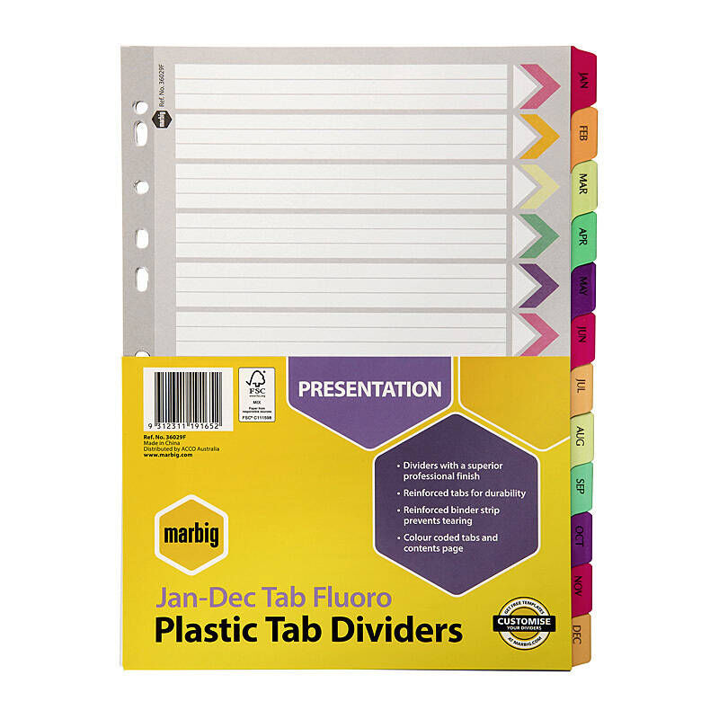 Marbig A4 Fluorescent Jan-Dec Reinforced Index Dividers Marbig
