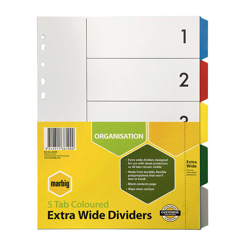 Marbig A4 Extra Wide 5 Tab PP Dividers Marbig