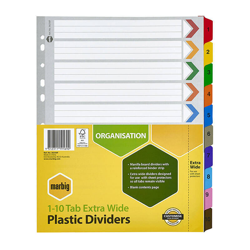 Marbig A4 Manilla File Dividers 1-10 Tabs - Extra Wide Marbig