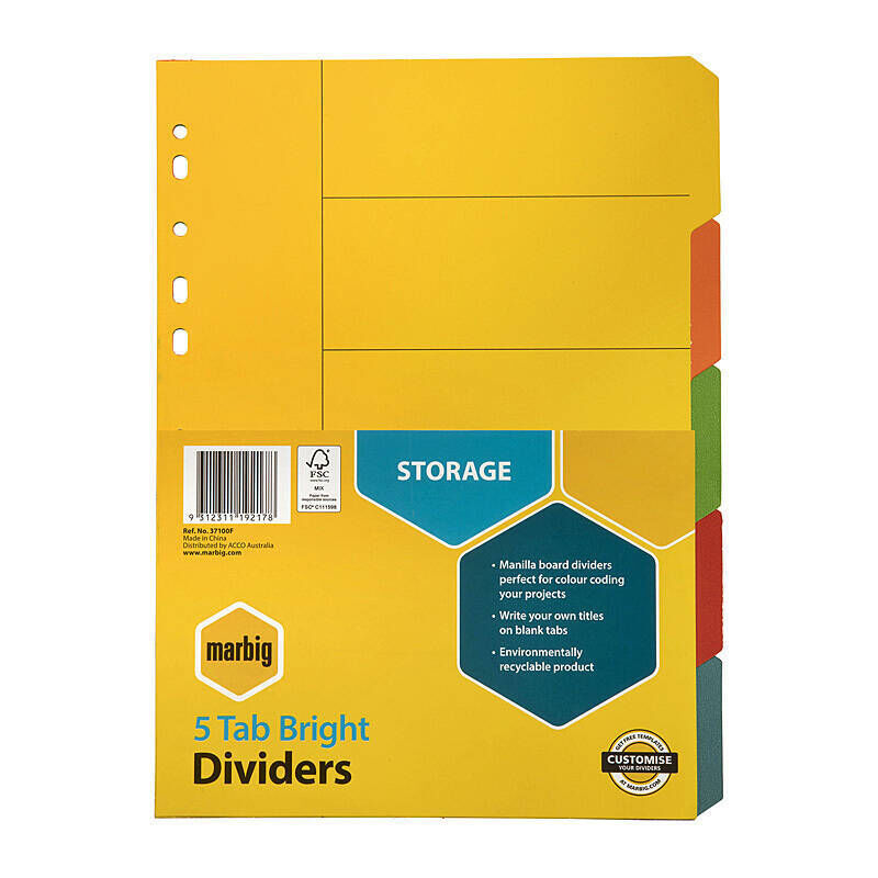 Marbig A4 5 Tab Manilla Dividers - Bright Colours Marbig