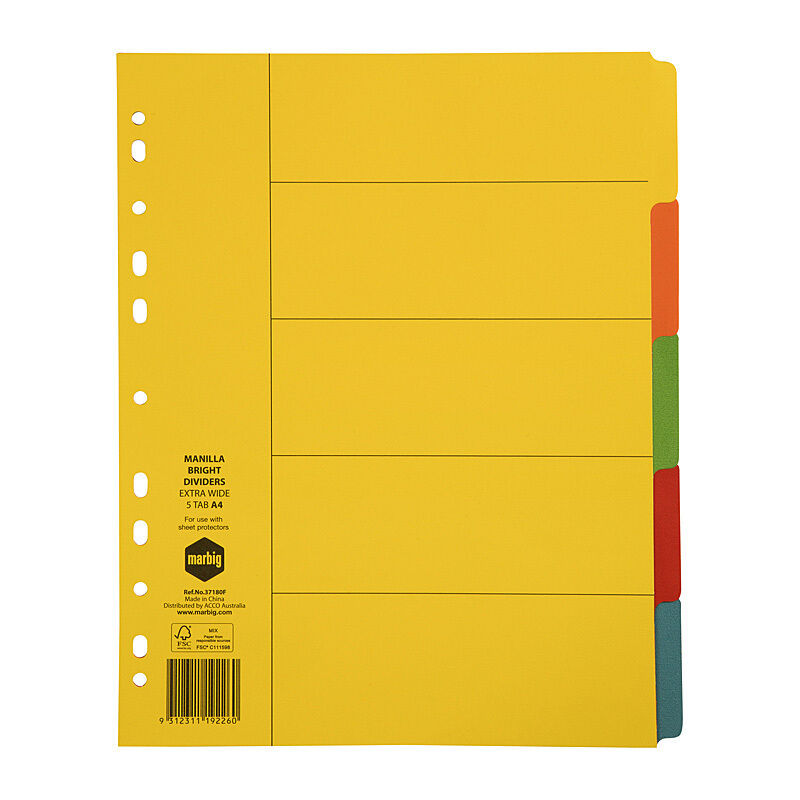 Marbig A4 XWide 5 Tab Manilla Dividers for Document Organisation Marbig