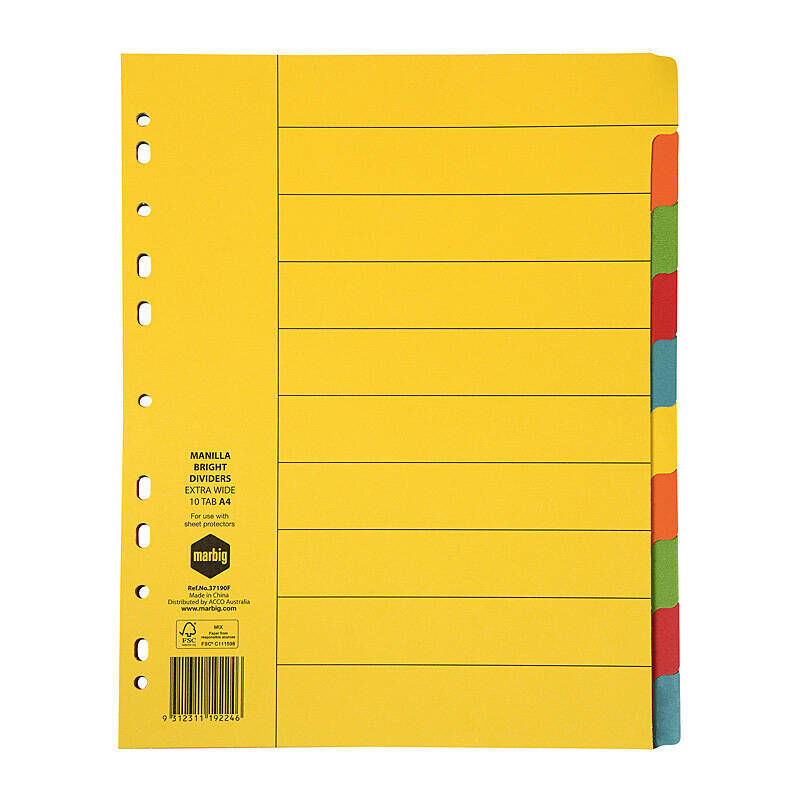 Marbig A4 XWide Manilla 10 Tab Dividers - Easy Document Organiser