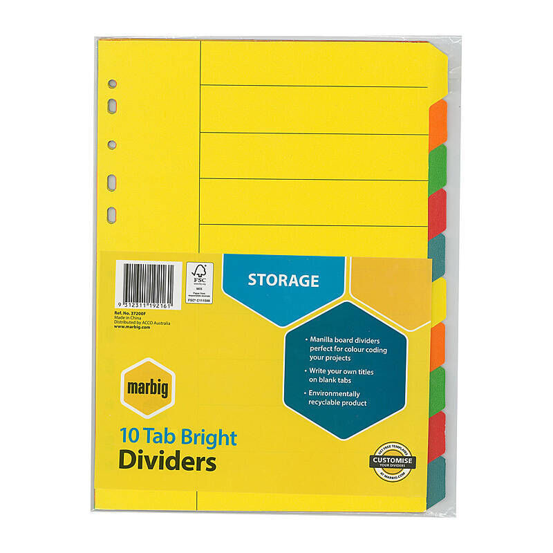 Marbig A4 10 Tab Bright Manilla Index Dividers Marbig