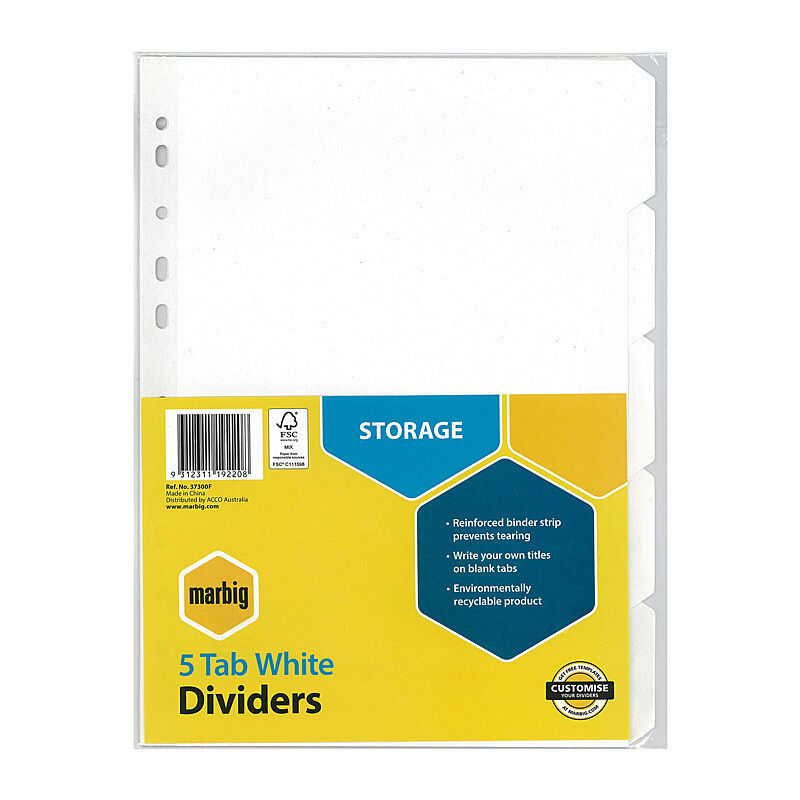 Marbig A4 White 5 Tab Manilla Index Dividers Marbig