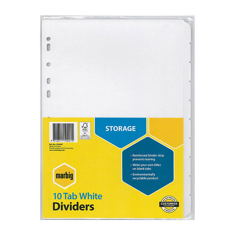 Marbig A4 White 10 Tab Dividers for Document Organization Marbig