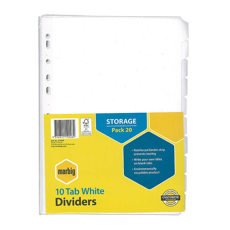 Marbig 10 Tab Manilla A4 White Dividers - 20 Pack Marbig