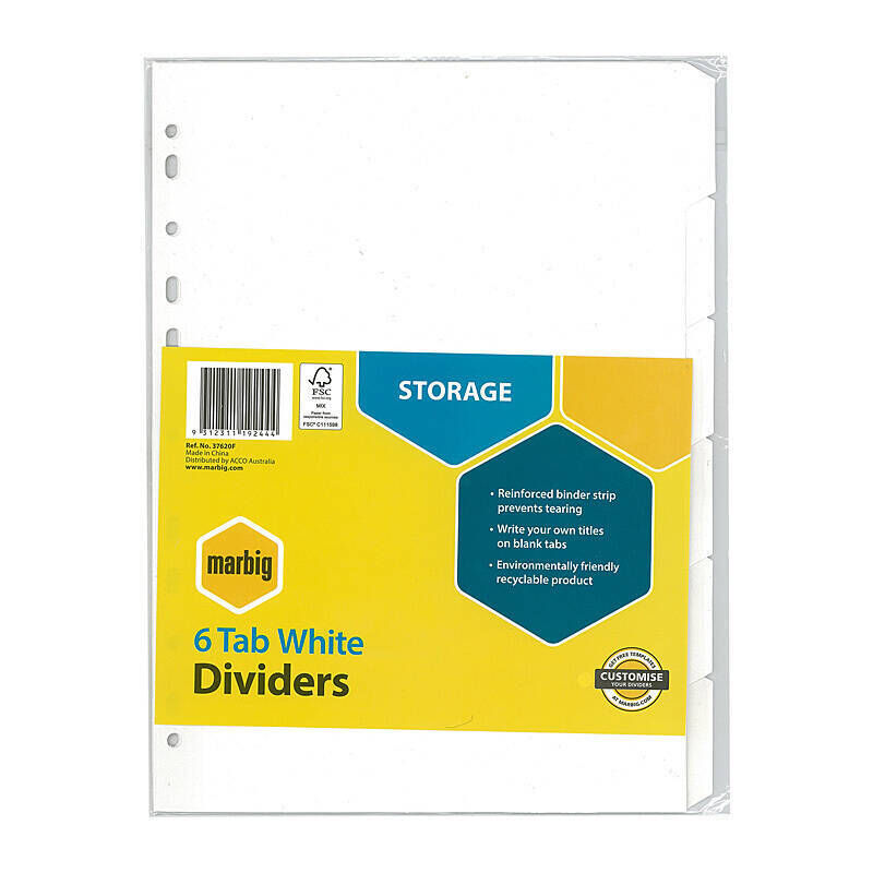 Marbig A4 6-Tab Manilla Dividers | White Marbig