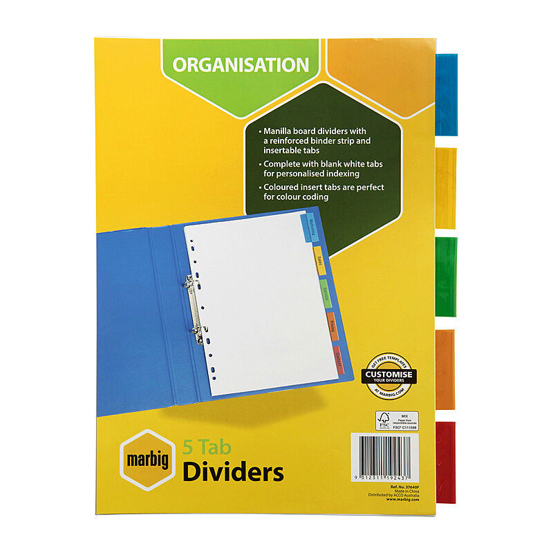 Marbig A4 Coloured 5-Tab Insertable Manila Dividers Marbig