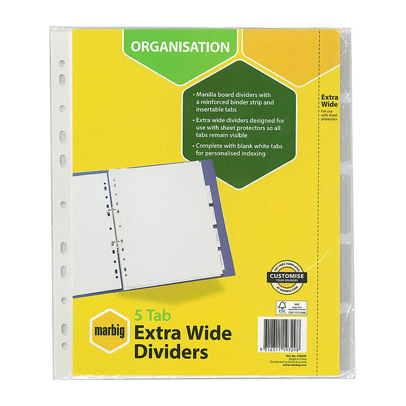 Marbig A4 5 Tab Extra Wide White Insertable Dividers