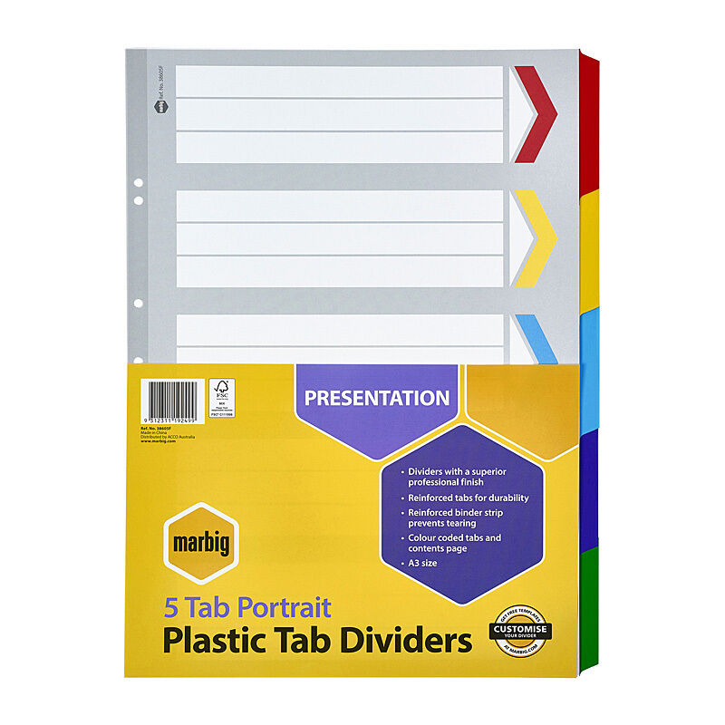 Marbig A3 5 Tab Reinforced Portrait Dividers - Document Organiser Marbig