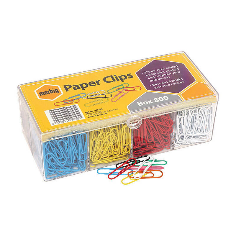 Marbig Assorted Colour Vinyl Coated Paper Clips - 800 Pack Marbig