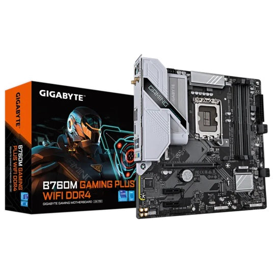 Gigabyte B760M GAMING PLUS WIFI DDR4, Intel B760, LGA1700 12th–14th Gen, DDR4 128GB, PCIe 4.0 x16, Wi-Fi 6, mA