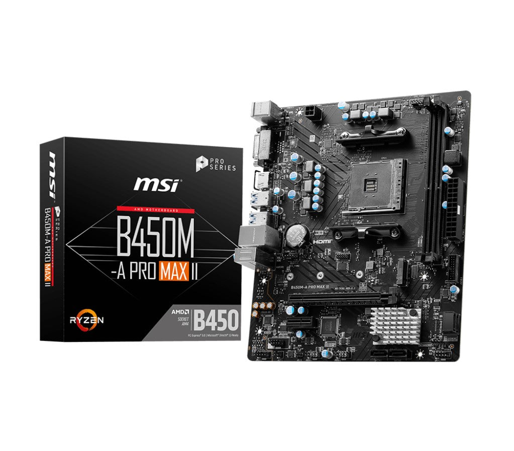MSI B450M-A PRO MAX II AMD M-ATX Motherboard - AM4 Ryzen, 2xDDR4-max64GBCapacity,1xPCIe x16slot, 4xSATA 6Gb, 6