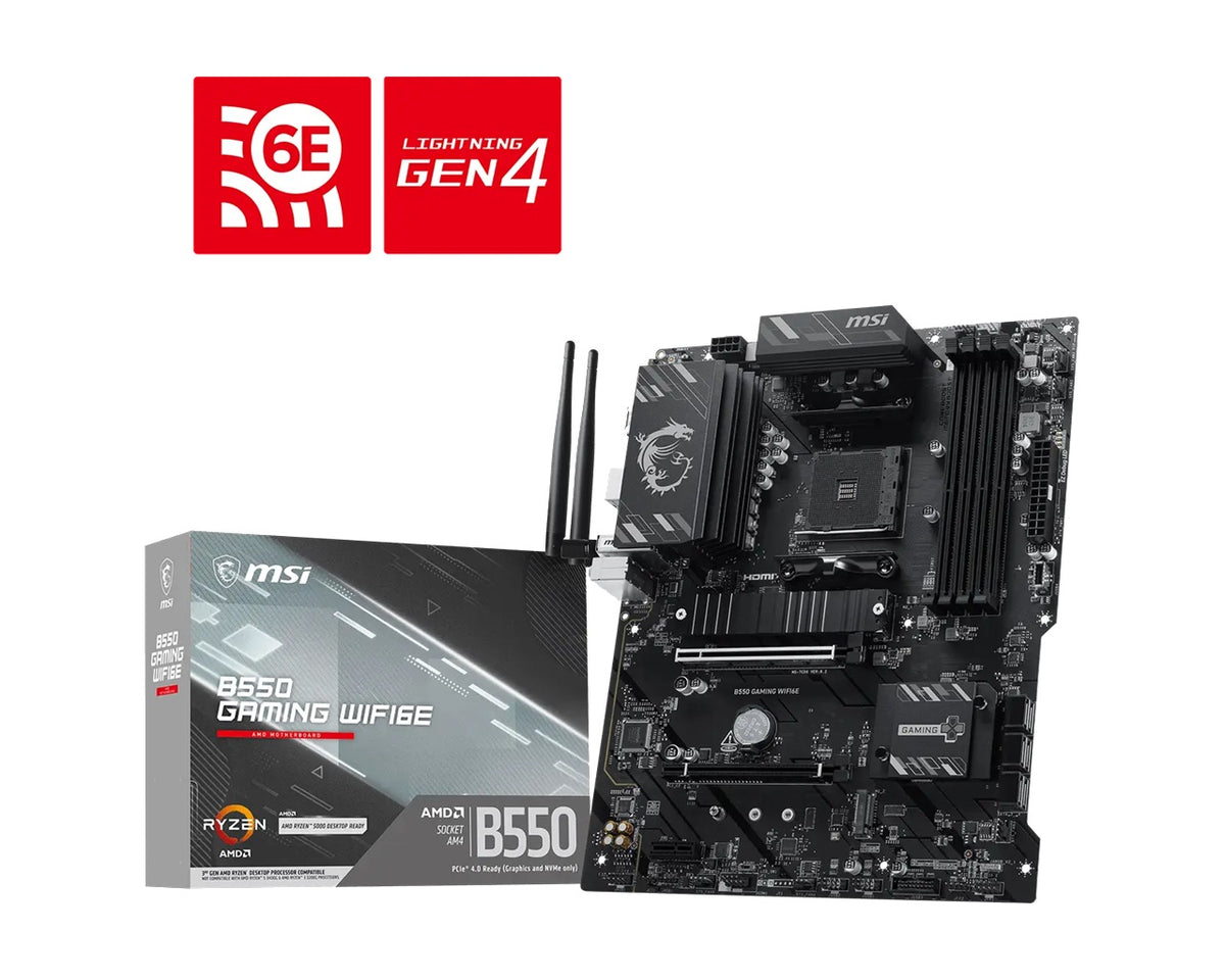 MSI B550 GAMING WIFI6E, AMD B550, AM4, Ryzen 5000/3000, DDR4 128GB, PCIe 4.0, 2x M.2, Wi-Fi 6E, 1Gb LAN, USB 1