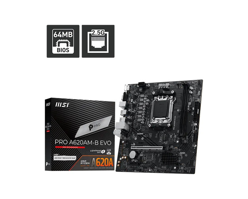 MSI PRO A620AM-B EVO ATX Motherboard, AM5, AMD A620A, 2xDDR5 128GB, PCIe4.0 x16, 1xM.2, 2xSATA, HDMI/VGA, 2.5G