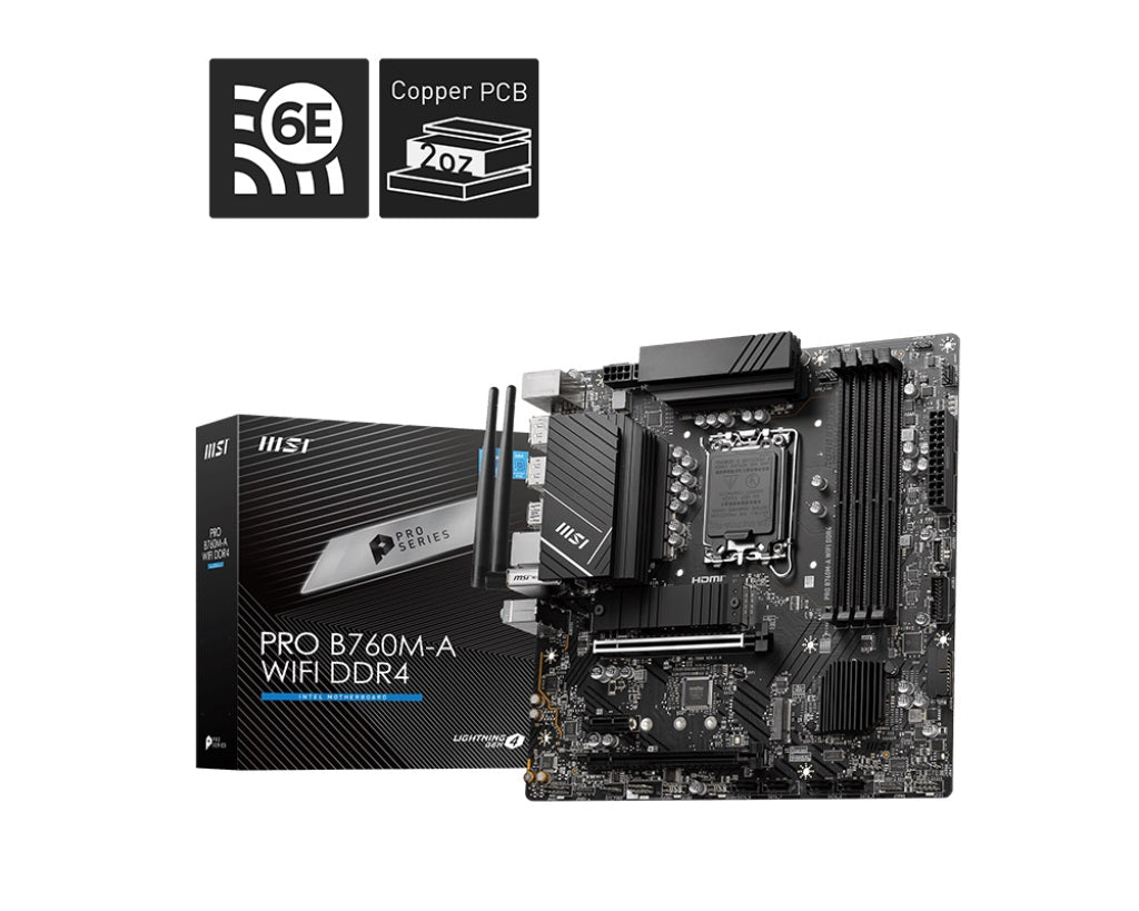 MSI PRO B760M-A WIFI DDR4 mATX Motherboard, 4x DDR4~128GB, 2x PCI-E x 16, 1x PCI-E x 1, 2x M.2, 4x SATA, 4x US