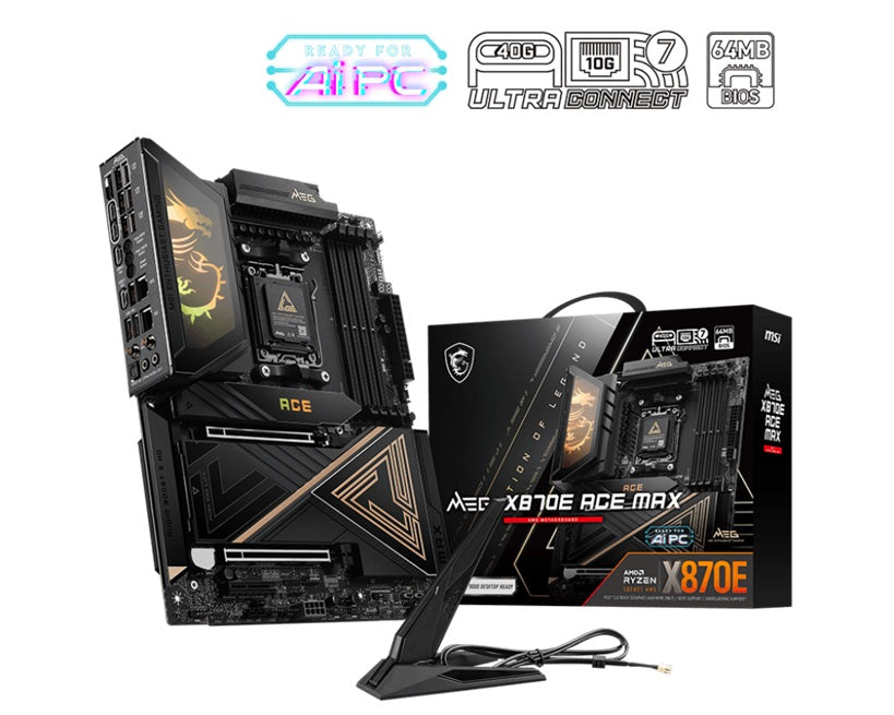 MSI X870E ACE MAX, AM5 X870E flagship, Ryzen 7000–9000, DDR5-8400+ OC, PCIe 5.0, dual M.2 Gen5, USB4, Wi-Fi 7