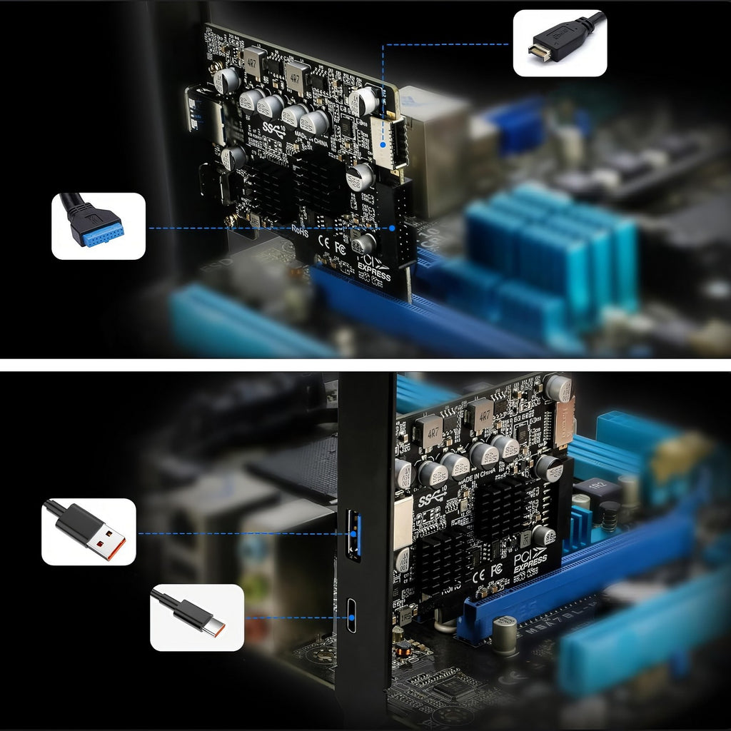 PCIe USB 3.2 Gen 2 10Gbps Card with USB-C, USB-A & Front Panel Ports