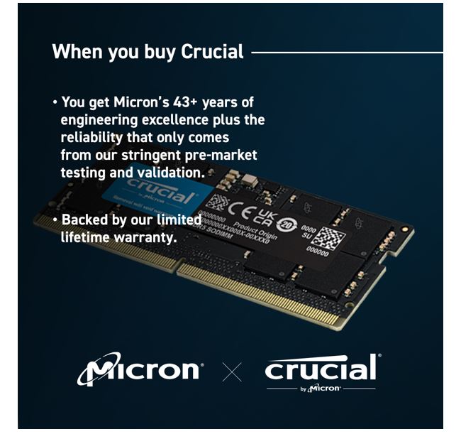 Crucial 48GB DDR5 5600MHz CL46 SODIMM Laptop Memory