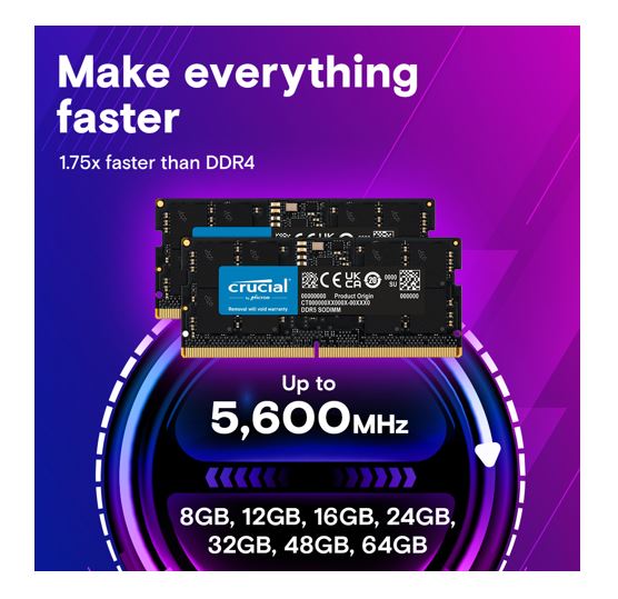 Crucial 64GB DDR5 5600MHz CL46 SODIMM RAM for Laptops & Compact Desktops