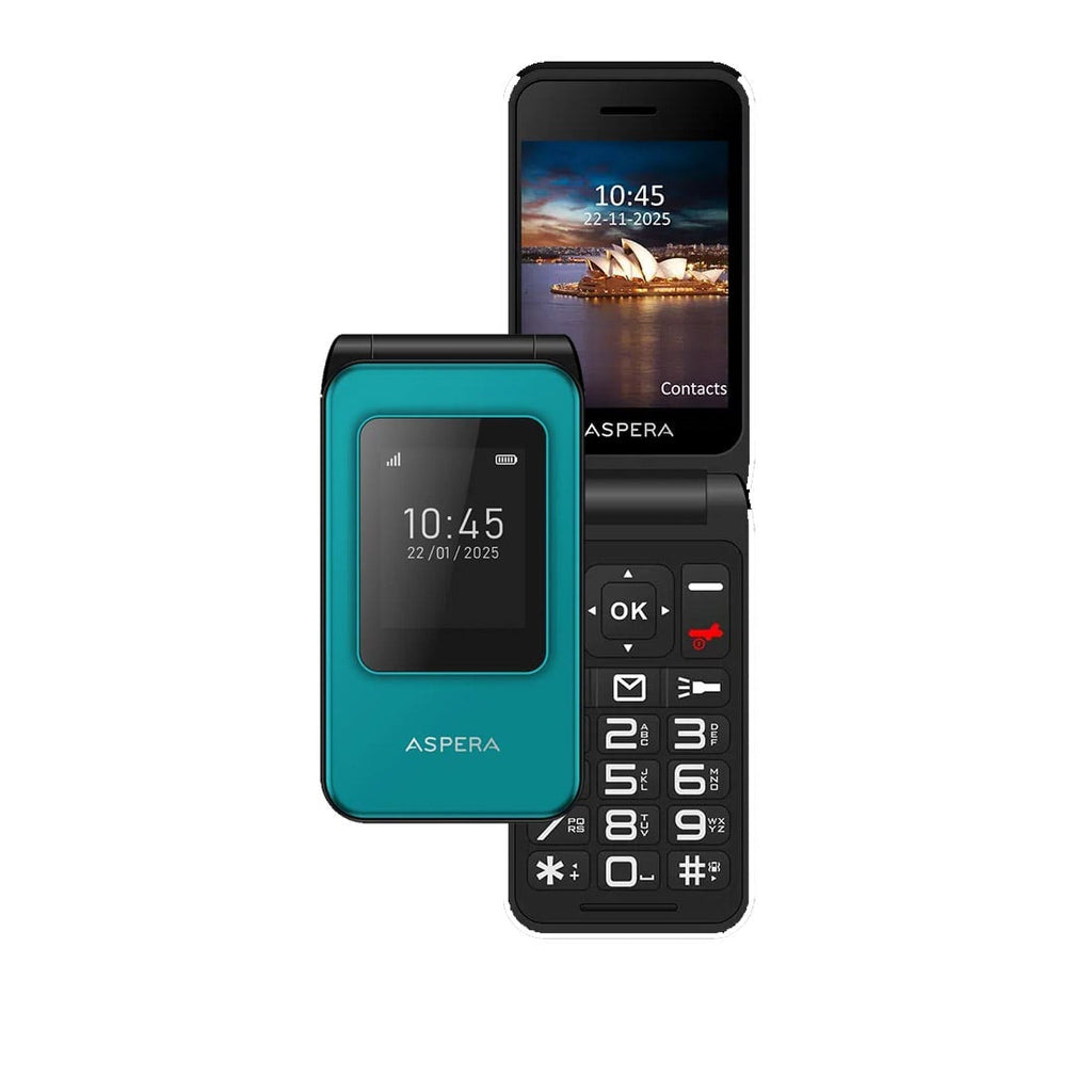 Aspera F46+ 4G Flip Phone - Easy Use, SOS, Charging Cradle - Green Aspera