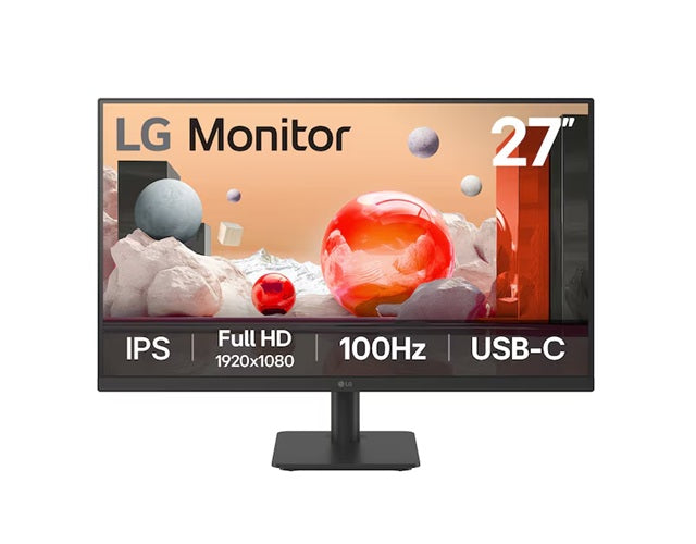 LG 27' IPS Full HD 100Hz Monitor, 1920x1080, 3-side Virtually Borderless Design, USB-C 65W PD, NTSC 72%, Reade