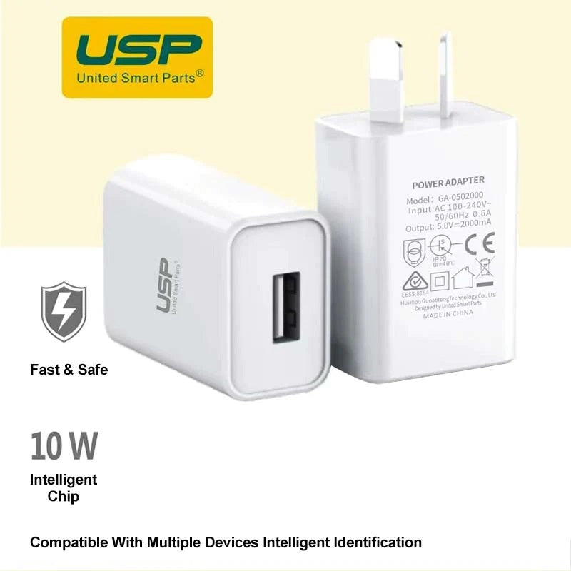 White 10W USB-A Fast Wall Charger with Smart Charging & 5-Year Warranty