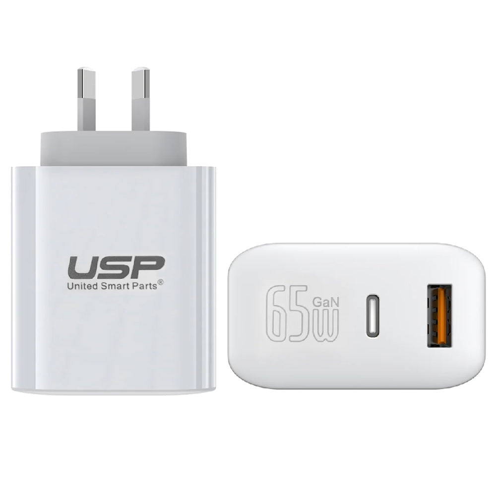USP 65W GaN Dual Port Super Fast Wall Charger - USB-C PD & QC - White 