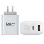 USP 65W GaN Dual Port Super Fast Wall Charger - USB-C PD & QC - White 