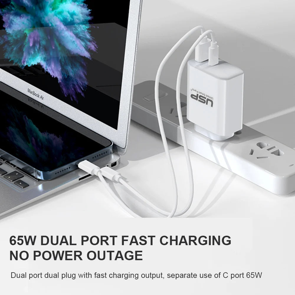 USP 65W GaN Dual Port Super Fast Wall Charger - USB-C PD & QC - White 