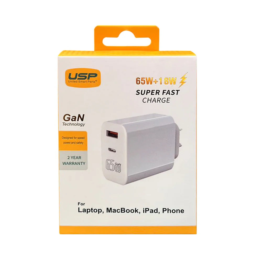 USP 65W GaN Dual Port Super Fast Wall Charger - USB-C PD & QC - White 