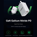 USP 65W GaN Dual Port Super Fast Wall Charger - USB-C PD & QC - White 